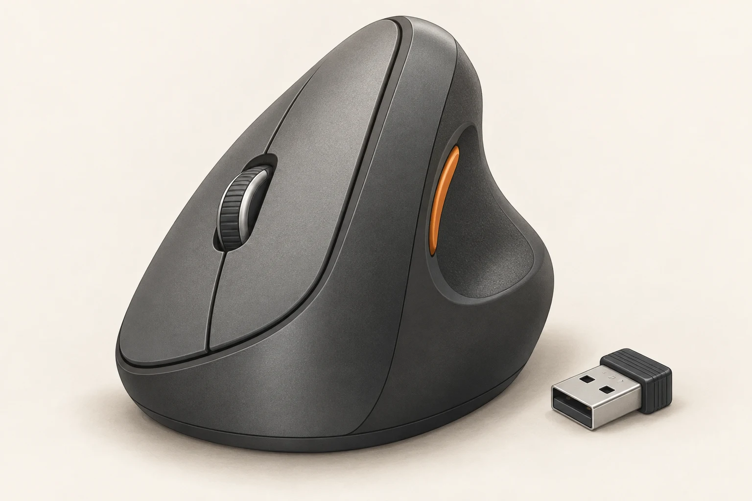 세워 잡는 형태의 버티컬 마우스와 USB 수신기를 표현한 비브랜드 AI 편집 일러스트